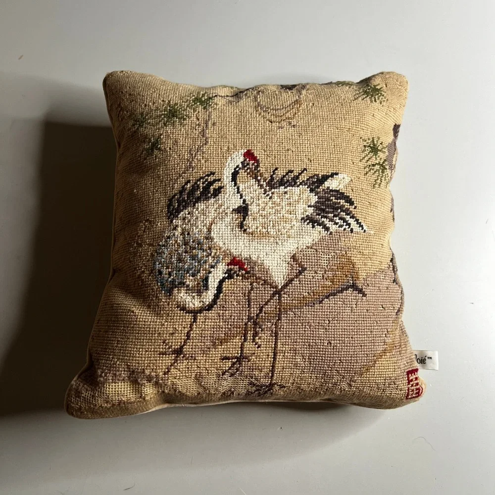 Loie Vintage Needlepoint Crane Bird Throw Pillow Velvet Back 10x10 Decorative